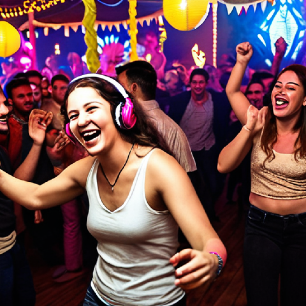 A vibrant party scene at "Mu Monarkh" with people dancing, laughing, and enjoying the music. The DJ is visible in the background, and the overall atmosphere is energetic and positive. Focus on the lively crowd and festive decorations.
