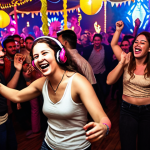 A vibrant party scene at "Mu Monarkh" with people dancing, laughing, and enjoying the music. The DJ is visible in the background, and the overall atmosphere is energetic and positive. Focus on the lively crowd and festive decorations.
