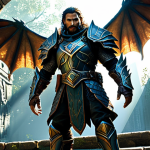 A majestic, highly evolved fantasy creature, resembling a powerful winged beast with intricate scales and glowing runes, stands prominently beside a professional male adventurer. The adventurer is fully clothed in modest, reinforced leather and fabric armor, with detailed gauntlets and boots, reflecting a seasoned explorer. The creature radiates a soft, powerful magical aura, its perfect anatomy and correct proportions visible in every detail. The scene is set in an ancient, overgrown temple ruin at dawn, with rays of sunlight filtering through crumbling archways, illuminating dust motes and magical particles.
    *   Quality: Epic fantasy art, cinematic lighting, high detail, sharp focus, natural pose, professional photography, high quality.
    *   Safety: safe for work, appropriate content, fully clothed, professional, family-friendly.