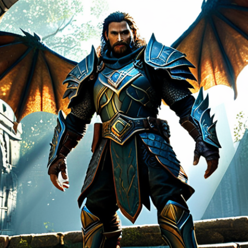 Home 17 A majestic, highly evolved fantasy creature, resembling a powerful winged beast with intricate scales and glowing runes, stands prominently beside a professional male adventurer. The adventurer is fully clothed in modest, reinforced leather and fabric armor, with detailed gauntlets and boots, reflecting a seasoned explorer. The creature radiates a soft, powerful magical aura, its perfect anatomy and correct proportions visible in every detail. The scene is set in an ancient, overgrown temple ruin at dawn, with rays of sunlight filtering through crumbling archways, illuminating dust motes and magical particles.
* Quality: Epic fantasy art, cinematic lighting, high detail, sharp focus, natural pose, professional photography, high quality.
* Safety: safe for work, appropriate content, fully clothed, professional, family-friendly.